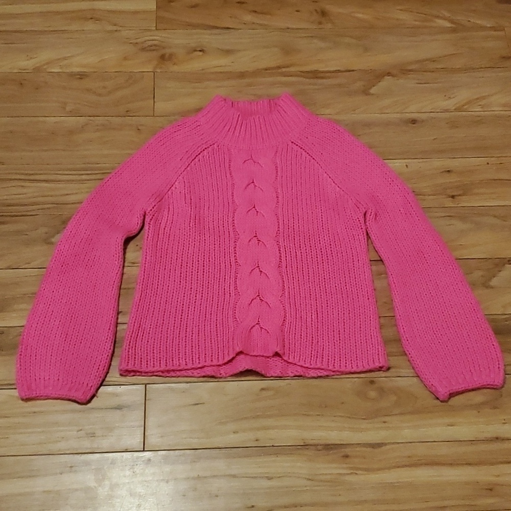 Aqua Cable Knit Balloon Sleeve Hot Pink Sweater - Picture 3 of 9